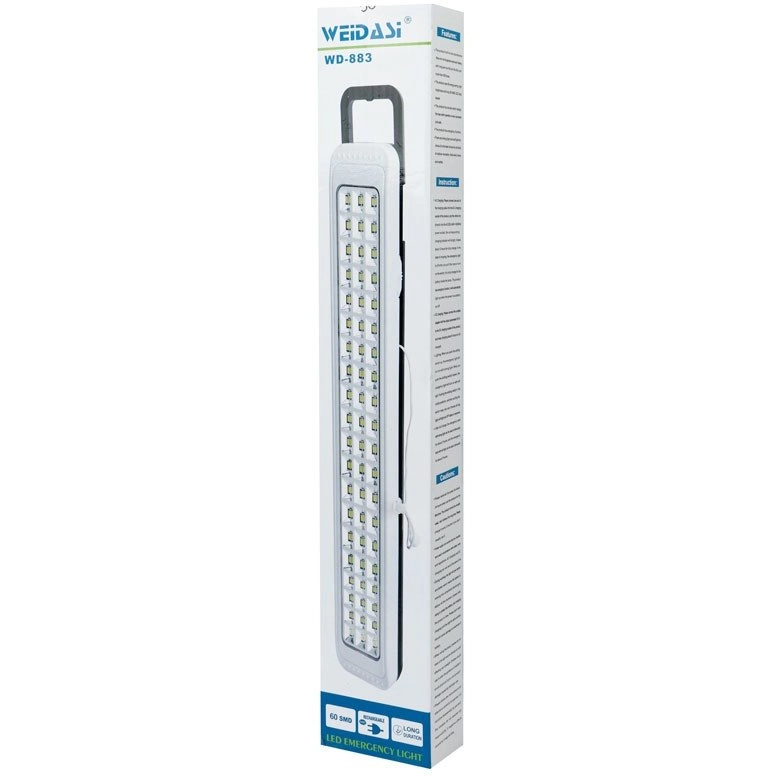 "چراغ اضطراری شارژی ویداسی مدل WD-883 با باتری قابل شارژ و نوردهی قوی، مناسب برای استفاده در شرایط اضطراری"