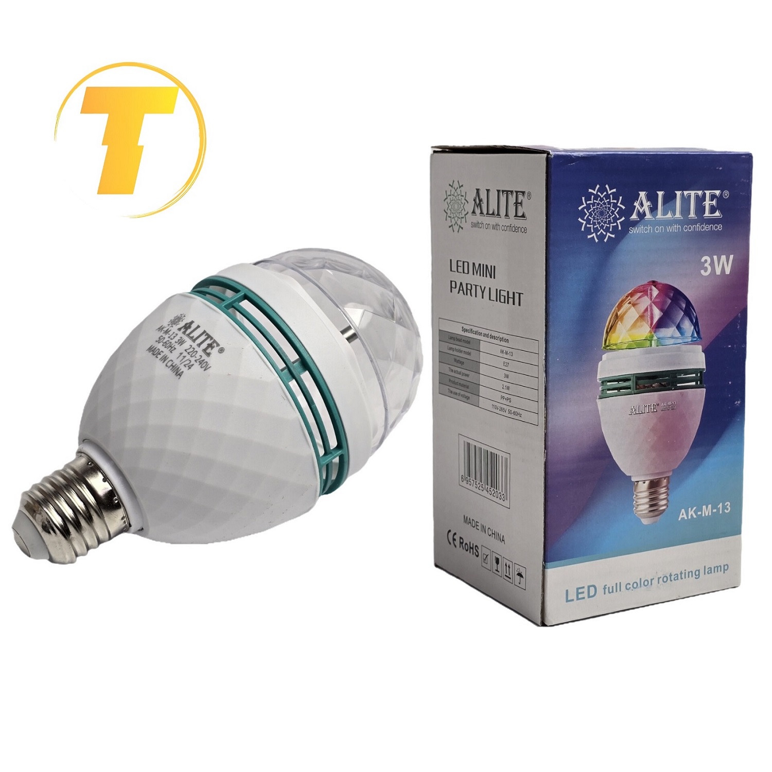 لامپ رقص نور گردان KT-W998 روشن، در حال چرخش و ایجاد جلوه‌های نوری رنگارنگ روی دیوار و سقف.