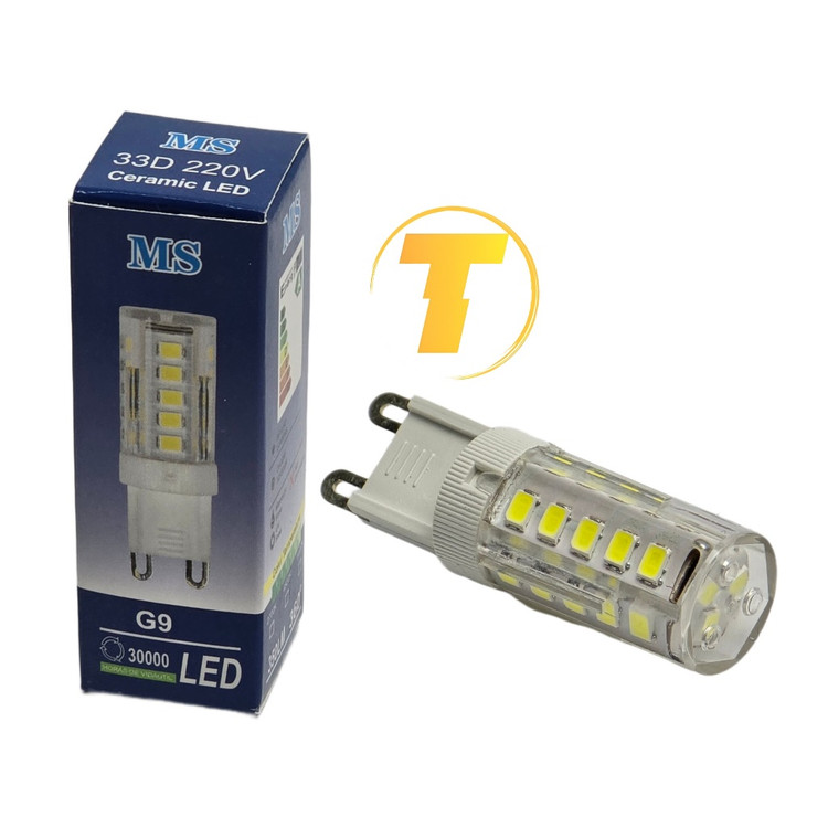 نمای نزدیک لامپ G9 سرامیکی LED 33D با نور ۳۵۰ لومن و زاویه تابش ۳۶۰ درجه