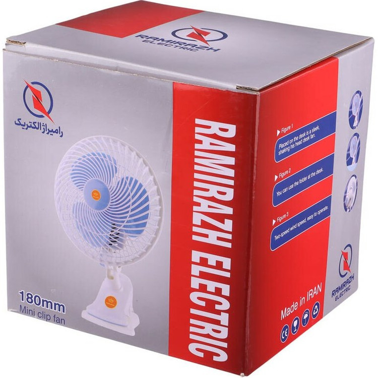 نمای پنکه گیره دار رامیراژ الکتریک مدل FC01-180 با پایه گیرهای و سه پره