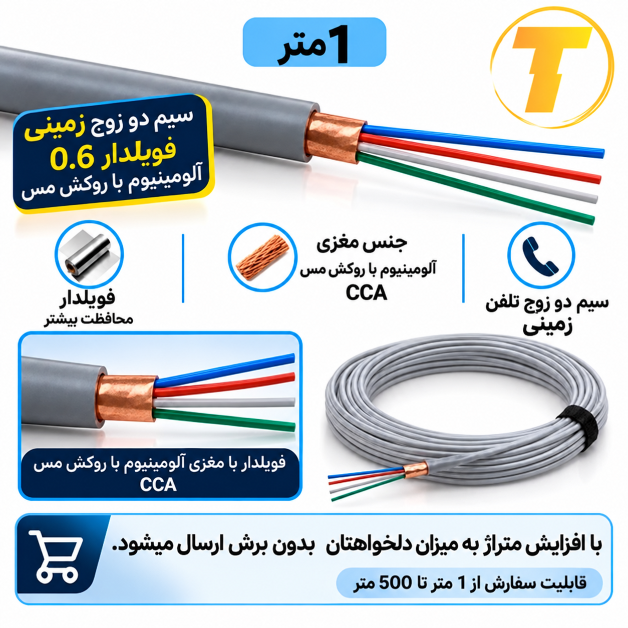 کابل تلفن دو زوج با محافظ فویل برای کاهش نویز و تداخل