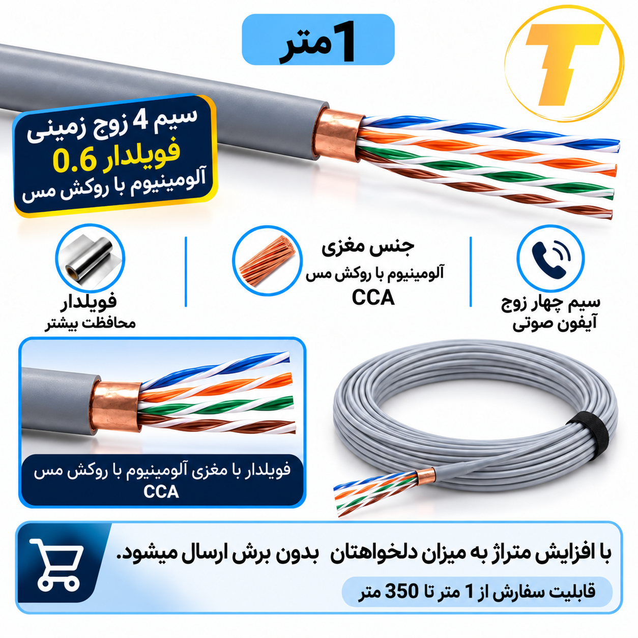 کابل تلفن ۴ زوج فویلدار ۰.۶ با پوشش محافظ مناسب
